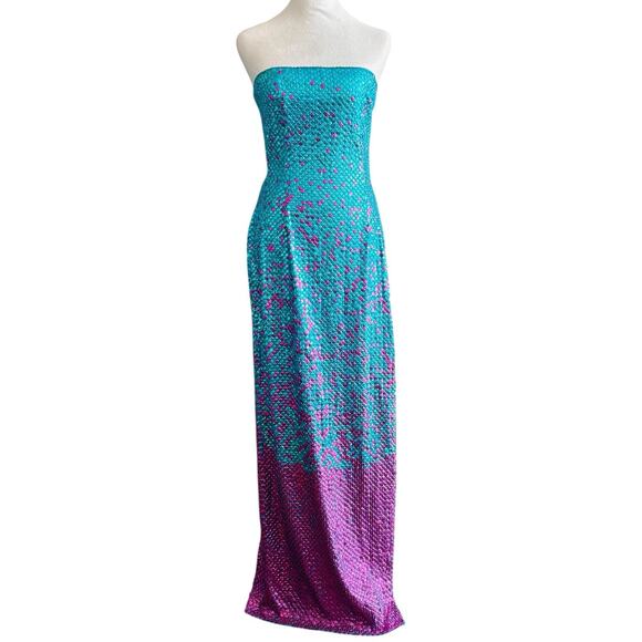 Cassandra Stone Dresses & Skirts - VTG Y2K Cassandra Stone Sequin Evening Gown Dress Blue Pink Strapless Ombré 8
